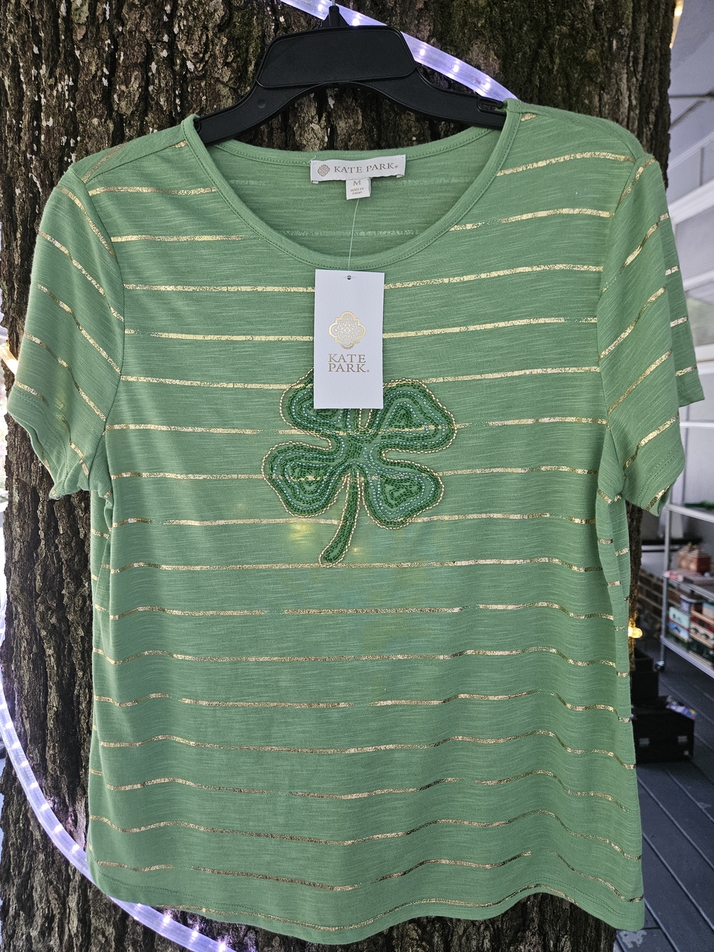 Kate Park Green Short-Sleeve Shamrock Tee with Gold Stripes